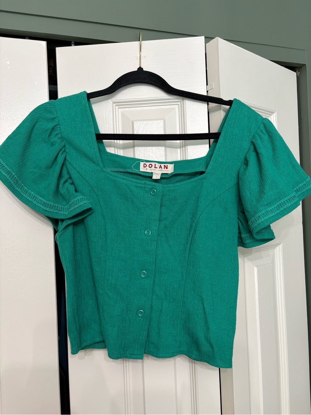 Anthropologie dolan Teal Puff-Sleeve Cropped Button Front Top